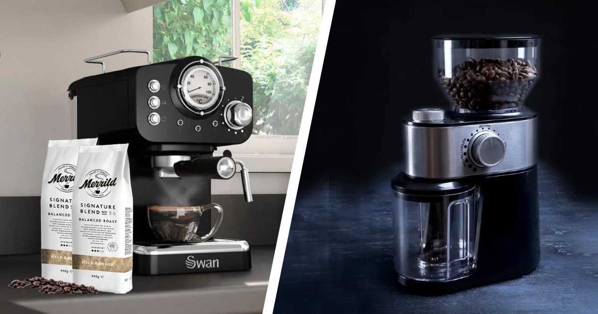 Swan Espressomaskine, 2 poser kaffebønner & Gastronoma kaffeblender 200w