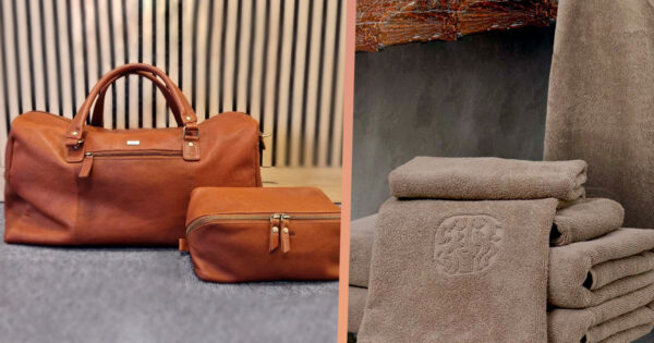 Bon Goût rejsetaske og toilettaske i læder inkl. Damask håndklæder